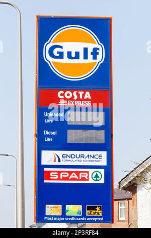 Segnale stazione di servizio Gulf, Scozia, Regno Unito Foto Stock