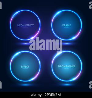 Cornici al neon blu rotonde con effetti luminosi e evidenziazioni su sfondo scuro. Illustrazione Vettoriale