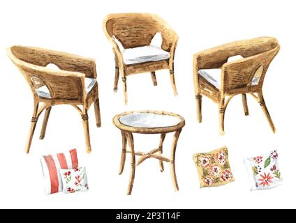 Set di mobili da giardino. Sedie in rattan in vimini e un tavolo. E set di cuscini decorativi. Illustrazione disegnata a mano in acquerello, isolata su sfondo bianco Foto Stock