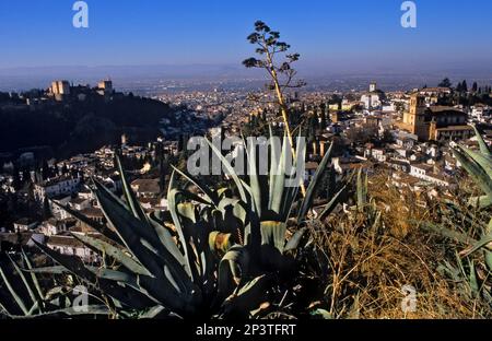 Vista sulla città. Quartiere Alhambra e Albaicín (a destra Iglesia del Salvador e sullo sfondo Chiesa di San Nicolás). Granada, Andalusia, Spagna Foto Stock