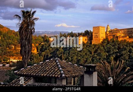 Alhambra come visto dal quartiere Albaicín. Granada, Andalusia, Spagna Foto Stock