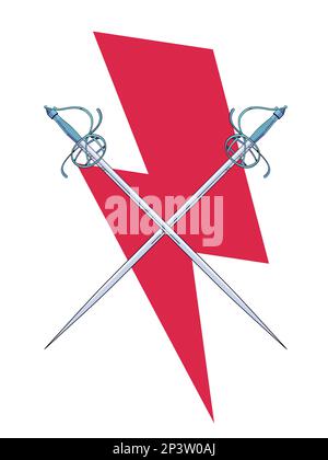Illustrazione vettoriale di due spade che si scontrano sul simbolo di thunderbolt rosso. Design ideale per cavalleria e fumetti d'avventura. Illustrazione Vettoriale