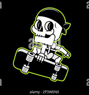 Cool giovane skateboard autentico emblema di strada retrò con cranio in berretto da baseball e skateboard. Grunge usura texture Illustrazione Vettoriale