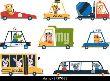 Divertenti cartoni animati guidano auto camion e autobus. Animali domestici in auto, trasporto bambini con la clipart. Coniglio, volpe e driver dell'orso, bambino isolato classy Illustrazione Vettoriale