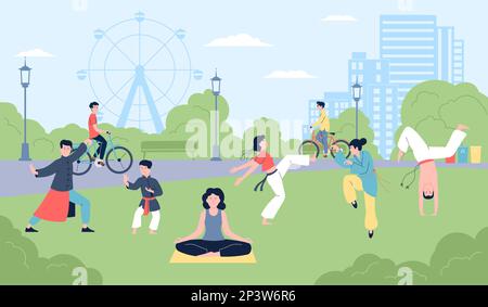 Persone che allenano lo sport nel parco cittadino. Stretch e bicicletta, esercizio attivo e meditazione. Fitness all'aperto per adulti e giovani. Resto sulla natura recente Illustrazione Vettoriale