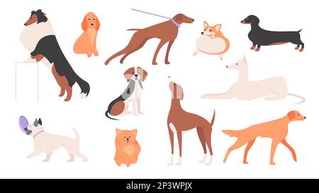 I cani impostano l'illustrazione del vettore. Cartoon Happy cute cani di diverse razze collezione, gruppo di piccoli e grandi personaggi animali con pose divertenti, code e volti adorabili, giocando ritratti cucciolo Illustrazione Vettoriale