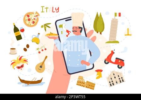 Illustrazione vettore viaggio in Italia. Cartoon mano tenere telefono con personaggio chef italiano sullo schermo che offre pasta su piatto, caffè e cibo, simboli di cultura e cucina in collezione d'Italia Illustrazione Vettoriale