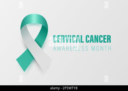 Banner cancro cervicale, cartellino, cartellino con Vector 3D Teal realistico e nastro bianco su sfondo bianco. Simbolo del mese di consapevolezza del cancro cervicale Illustrazione Vettoriale