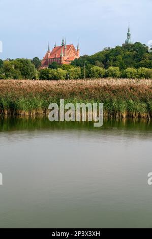 Una vista al famoso castello con la cattedrale dalla laguna di Vistola. L'astronomo Nicolaus Copernico visse e lavorò qui nel 1521-1543. Frombork, Polonia. Foto Stock