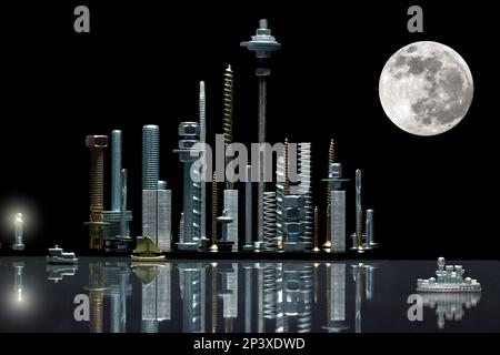 Nut Screw City - Uno skyline in miniatura fatto di dadi, bulloni, viti, rondelle e altri pezzi e pezzi Foto Stock