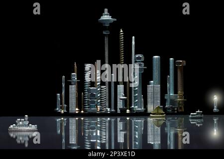 Nut Screw City - Uno skyline in miniatura fatto di dadi, bulloni, viti, rondelle e altri pezzi e pezzi Foto Stock