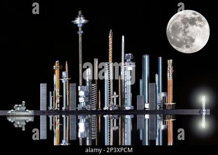 Nut Screw City - Uno skyline in miniatura fatto di dadi, bulloni, viti, rondelle e altri pezzi e pezzi Foto Stock