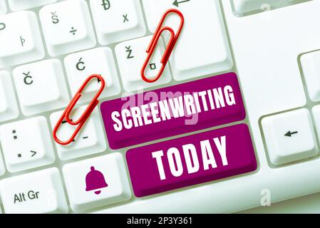 Visualizzazione del segno Screenwriting. Business idea l'arte e l'arte di scrivere script per la comunicazione mediatica Foto Stock