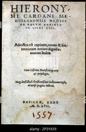 De rerum varietate libri XVII, copertina dell'edizione 2nd, stampata da Henricus Petrus di Basilea nel 1557. Foto Stock