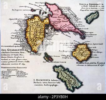 Mappa dell'isola di Guadalupe e altre isole delle Antille, 1680. Foto Stock