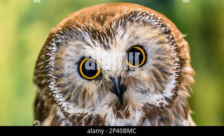 Adulto captive captive captiva settentrionale gufo-whet, Aegolius acadicus, Alaska Raptor Center a Sitka, sud-est Alaska, USA. Foto Stock