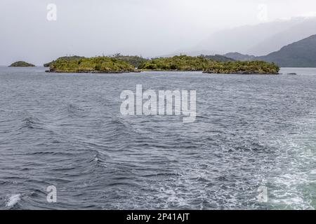 Parco Nazionale di Kawesqar visto da un traghetto che naviga attraverso i fiordi del Cile meridionale Foto Stock