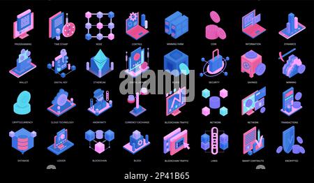 icone 3d con database di aziende minerarie, protezione digitale del portafoglio per transazioni di denaro in criptovaluta, investimenti iniziali, chiave dati privata. Set di illustrazioni vettoriali isometriche di valuta crittografica Blockchain. Illustrazione Vettoriale