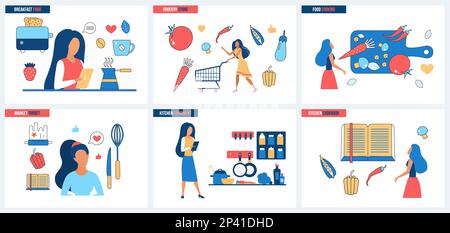 Cucina, shopping in negozio di alimentari set illustrazione vettoriale. Cartone animato piccole personaggi femminili cucinano ricette fatte in casa di cibo in cucina con elettrodomestici e chef strumenti, menu sano e culinario Illustrazione Vettoriale