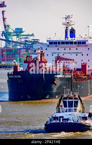 Hermes, un rimorchiatore di Rotortug di proprietà di Seabulk Towing, si avvicina petroliera Overseas Cascade vicino al Porto di Mobile, 4 marzo 2023, a Mobile, Alabama. Foto Stock