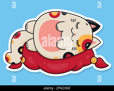 Carino cartone animato che dorme. Un gatto grasso si trova su un cuscino rosso. Adesivo vettoriale. Illustrazione Vettoriale