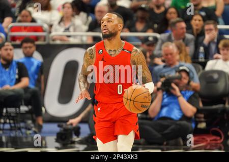 Orlando, Florida, USA, 5 marzo 2023, Portland Trail Blazers guardia Damian Lillard #0 durante il primo tempo presso l'Amway Center. (Photo Credit: Marty Jean-Louis/Alamy Live News Foto Stock