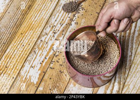 Una mano dell'uomo che rimuove un misurino di rame da una latta di metallo riempita con lenticchie secche Foto Stock