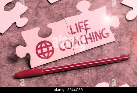 Segno che mostra Life Coaching. Word for Improve lives by Challenges ci incoraggia nelle nostre carriere Foto Stock