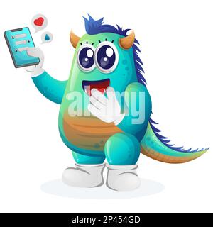 Simpatico mostro blu che tiene il telefono cellulare con messaggi di testo. Perfetto per bambini, piccole aziende o e-commerce, merchandising e adesivi, promozione banner, Illustrazione Vettoriale