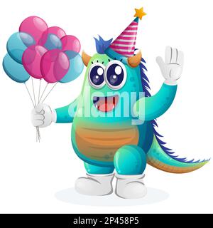 Mostro blu carino che indossa un cappello di compleanno, tenendo palloncini. Perfetto per bambini, piccole aziende o e-commerce, merchandising e adesivi, promozione banner, Illustrazione Vettoriale
