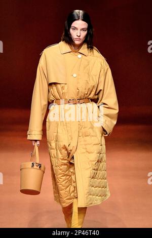 Parigi, Francia. 04th Mar, 2023. Una modella cammina sulla pista alla sfilata di moda Hermes durante la sfilata di moda Autunno Inverno 2023 alla settimana della moda di Parigi il 4 2023 marzo a Parigi. (Foto di Jonas Gustavsson/Sipa USA) Credit: Sipa USA/Alamy Live News Foto Stock