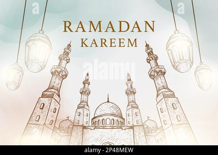 illustrazione di sfondo di ramadan kareem disegnata a mano con moschea e lanterne Illustrazione Vettoriale