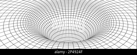 Buco nero, griglia wormhole. Struttura a reticolo lineare di curvatura spaziale, tunnel o portale. Sfondo geometrico astratto dell'illusione ottica, vortice o imbuto, illustrazione del contorno vettoriale Illustrazione Vettoriale