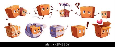 Set di cartoni animati di mascotte parcelle carine isolate su sfondo bianco. Illustrazione vettoriale della scatola di consegna sorridente, triste, danneggiato, veloce, perso, consegnato da drone, con romantico regalo all'interno. Servizio di corriere Illustrazione Vettoriale