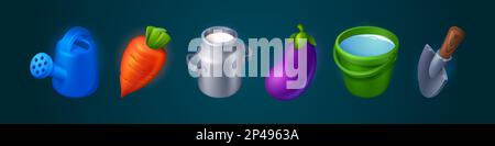 Set di cartoni animati di icone di gioco fattoria isolato su sfondo scuro. Cartoni animati vettoriali illustrazione di 3D annaffiatoio, secchio, pala, vaso del latte, carota e melanzane. Raccolto vegetale. Elementi di progettazione GUI Illustrazione Vettoriale