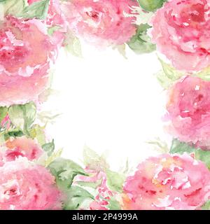 Acquerello rosa tè rosa peonia fiore composizione floreale cornice. Foto Stock