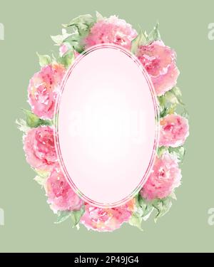 Acquerello rosa tè rosa peonia fiore composizione floreale cornice cornice cornice modello sfondo. Foto Stock