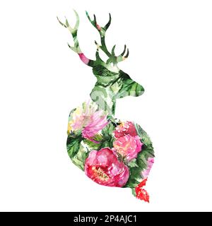 Silhouette capriolo animale fiore sfondo isolato. Foto Stock