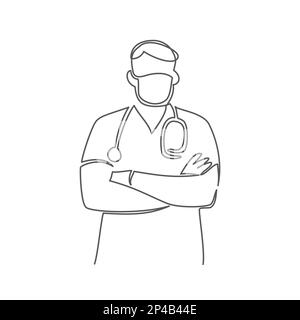 Lavoratore medico una linea di disegno su sfondo bianco Illustrazione Vettoriale