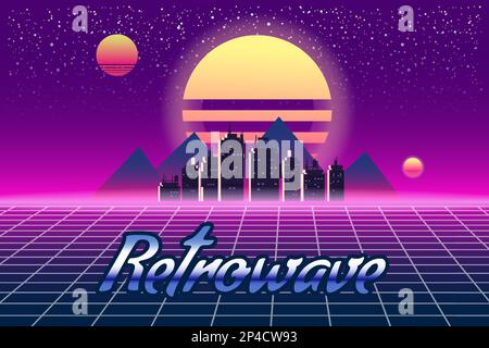 Striscione a onda retrostante sfondo estetico vaporoso. Futuristico griglia della città 3D, tramonto 80 s Synthwave Illustrazione Vettoriale