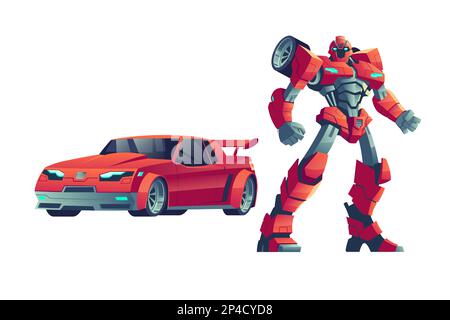 Trasformatore robot rosso, illustrazione vettoriale cartoon. Potente robot trasformato da auto, fantasy spazio alieno, giocattolo super eroe isolato su sfondo bianco Illustrazione Vettoriale
