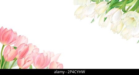 Acquerello illustrazione di due bei bouquet di tulipani rosa e bianco negli angoli. Perfettamente disegnata a mano su uno sfondo bianco. Foto Stock