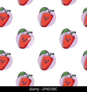 Grazioso motivo Kawaii Bell Pepper senza cuciture in stile doodle. Disegno vettoriale a mano del cartone animato Bell Pepper. Illustrazione Vettoriale