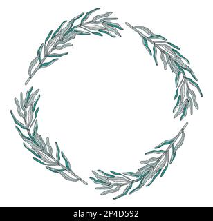Cornice disegnata a mano di foglie verdi, corona di ramoscelli e foglie con tratti Illustrazione Vettoriale