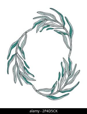 Cornice disegnata a mano di foglie verdi, corona di ramoscelli e foglie con tratti Illustrazione Vettoriale
