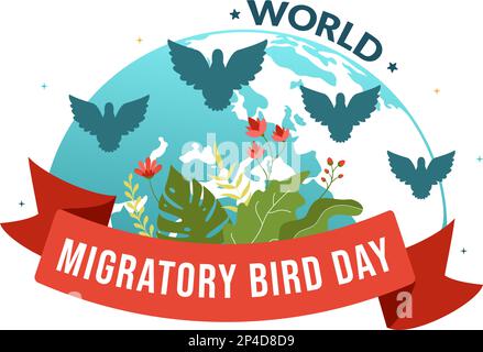 Giornata degli uccelli migratori del mondo il 8 maggio Illustrazione con i gruppi di migrazioni degli uccelli in Cartoon piano disegnati a mano per i modelli di landing page Illustrazione Vettoriale