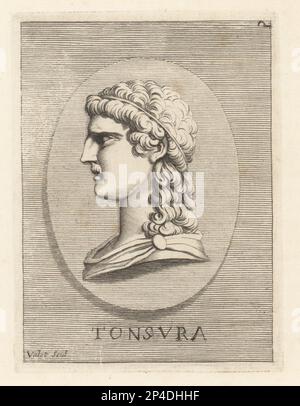 Testa maschio con taglio Hector, un classico acconciatura o tonsure. Lo stile triglia Trojan noto anche come taglio Hector. Anche Abantes o Abantiani, un'antica tribù di guerrieri Traci, tagliarono i loro forelock per impedire ai nemici di afferrare i capelli. Tonsura. Incisione su copperplate di Guillaume Vallet dopo Giovanni Angelo Canini da Iconografia, cioe malati d'imagini de famosissimi monarchi, regi, filososi, poeti ed oratori dell'Antichita, disegni di immagini di famosi monarchi, re, filosofi, poeti ed oratori dell'Antiquità, Ignatio de'Lazari, Roma, 1699. Foto Stock