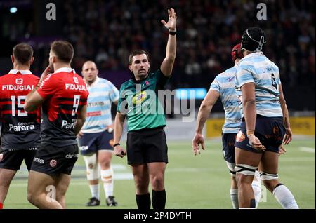 Arbitro Luc Ramos durante il campionato francese Top 14 rugby Unione match tra Racing 92 e Stade Toulousain (Tolosa) il 5 marzo 2023 a Parigi la Defense Arena a Nanterre vicino a Parigi, Francia - Foto Jean Catuffe / DPPI Foto Stock