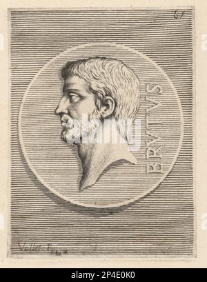 Lucius Junius Brutus, semi-leggendario fondatore della Repubblica Romana, e tradizionalmente uno dei suoi primi consoli nel 509 a.C. Bruto. Incisione su copperplate di Guillaume Vallet dopo Giovanni Angelo Canini da Iconografia, cioe malati d'imagini de famosissimi monarchi, regi, filososi, poeti ed oratori dell'Antichita, disegni di immagini di famosi monarchi, re, filosofi, poeti ed oratori dell'Antiquità, Ignatio de'Lazari, Roma, 1699. Foto Stock