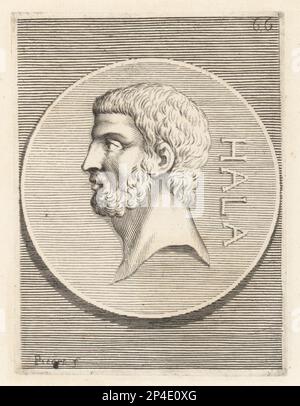 Gaius Servilius Ahala, magister equitum o Maestro della Cavalleria a Lucio Qunczio Cincinnatus, e assassino di Spurius Maelius, 5th secolo a.C. Dal verso di una moneta di denario coniata da Marcus Junius Brutus. Caio Sulpitio Hala. Incisione su copperplate di Etienne Picart dopo Giovanni Angelo Canini da Iconografia, cioe malati d'imagini de famosissimi monarchi, regi, filososi, poeti ed oratori dell'Antichita, disegni di immagini di famosi monarchi, re, filosofi, poeti ed oratori dell'Antichità, Ignatio de’Lazari, Roma, 1699. Foto Stock